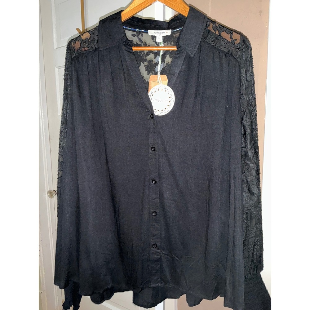 Black Lace Yoke Mock Neck Blouse Sheer Long Sleeve Top 1XL